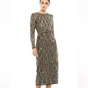 Mac Duggal Black & Gold Long Sleeve Embellished Column Midi Dress #6925704